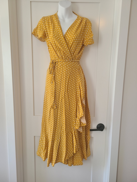 Yacun Dresses & Skirts - Polka Dot Yellow Wrap Midi Dress with Tie Waist